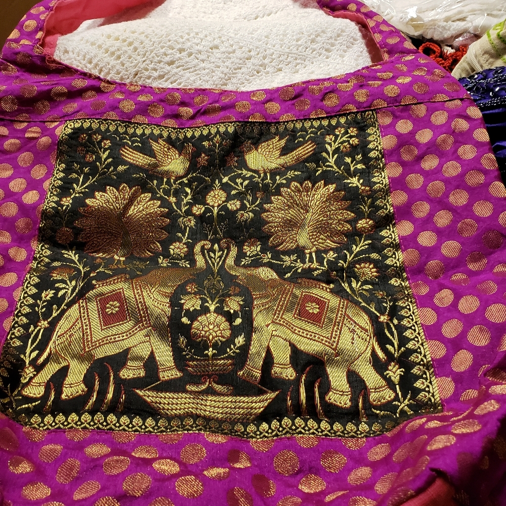 NEW Indian silk tote with  gold elephant